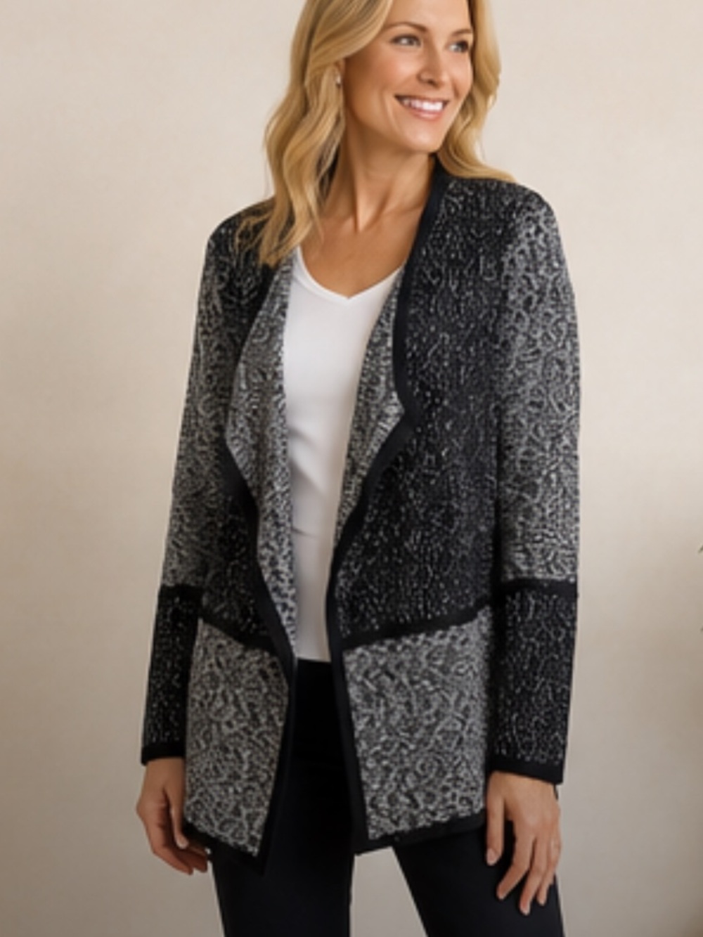 Chico's Open Front Marled Waterfall Cardigan Black White Knit Sweater Women's L